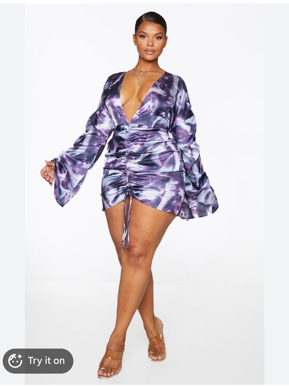 PrettyLittleThing Purple Swirl Plunge Ruched Mini Dress